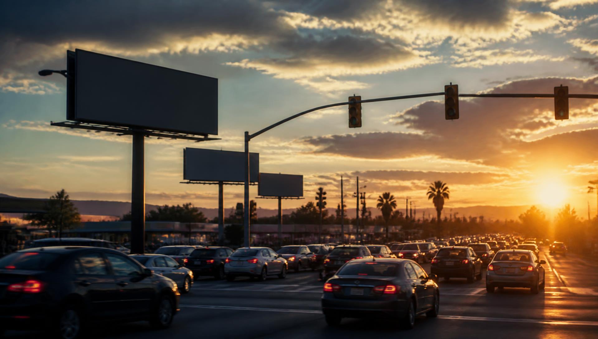 Busy intersection at sunset with roadside billboard signs and heavy traffic